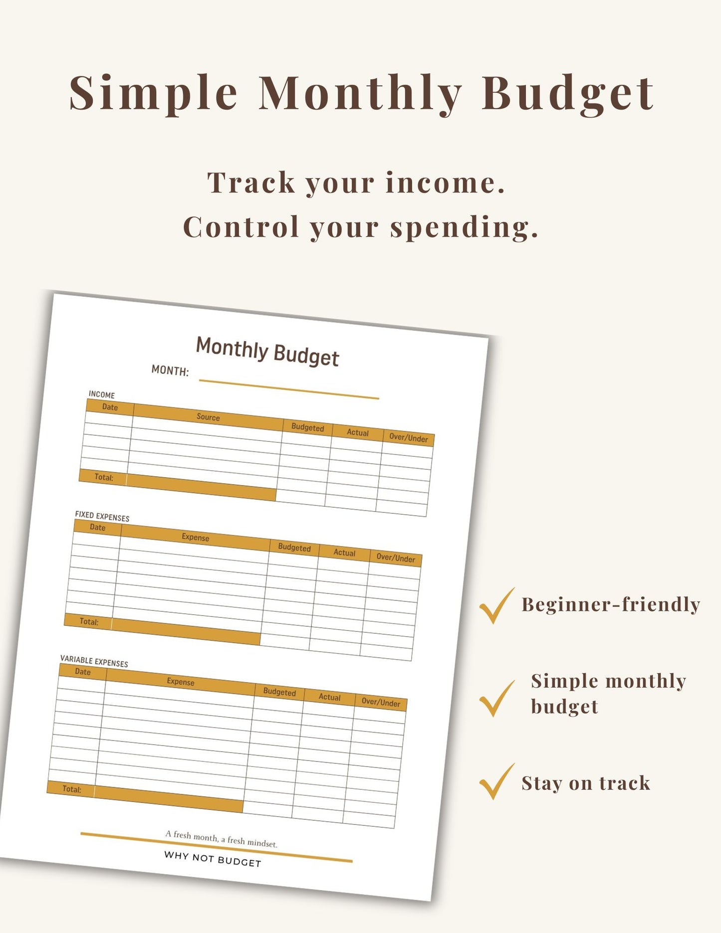 Monthly Budget Printable | Simple Budget Planner to Track Income & Expenses